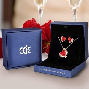 CDE Love Heart Necklaces and Earrings Jewelry Set for Women Rose Gold red stones